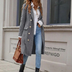 Grey Elegant Women's Double-Breasted Long Sleeve Coat